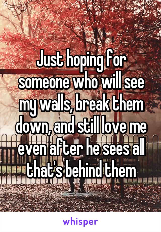 Just hoping for someone who will see my walls, break them down, and still love me even after he sees all that's behind them