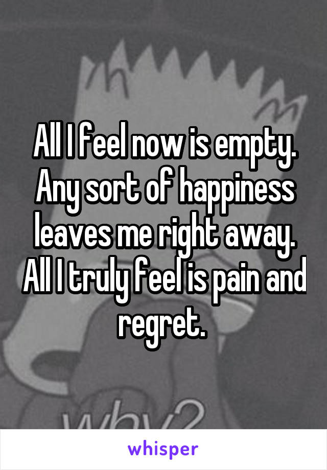 All I feel now is empty. Any sort of happiness leaves me right away. All I truly feel is pain and regret. 