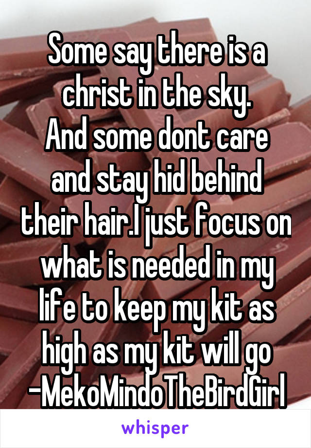 Some say there is a christ in the sky.
And some dont care and stay hid behind their hair.I just focus on what is needed in my life to keep my kit as high as my kit will go
-MekoMindoTheBirdGirl