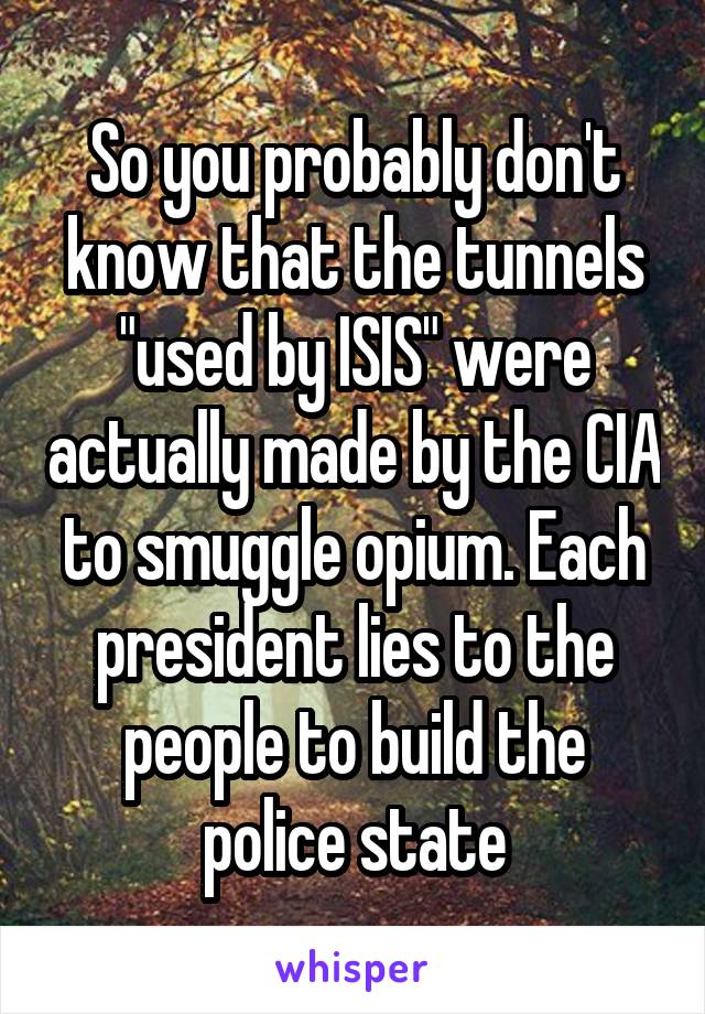 So you probably don't know that the tunnels "used by ISIS" were actually made by the CIA to smuggle opium. Each president lies to the people to build the police state