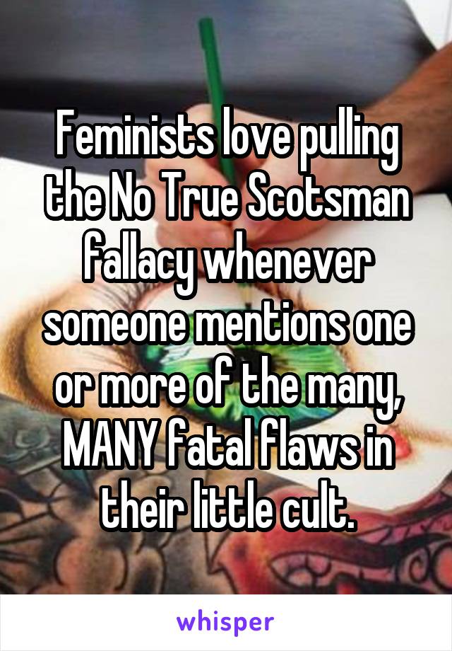 Feminists love pulling the No True Scotsman fallacy whenever someone mentions one or more of the many, MANY fatal flaws in their little cult.