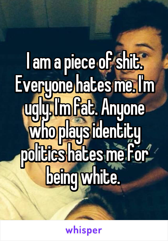 I am a piece of shit. Everyone hates me. I'm ugly. I'm fat. Anyone who plays identity politics hates me for being white. 