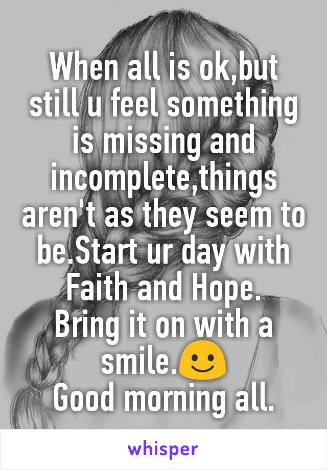 When all is ok,but still u feel something is missing and incomplete,things aren't as they seem to be.Start ur day with Faith and Hope.
Bring it on with a smile.☺️
Good morning all.