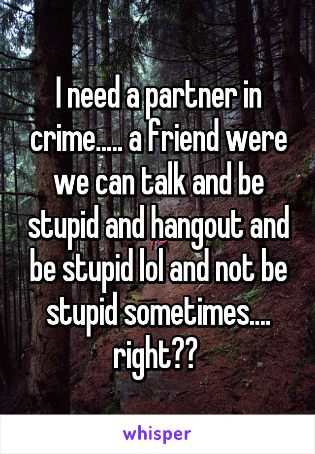 I need a partner in crime..... a friend were we can talk and be stupid and hangout and be stupid lol and not be stupid sometimes.... right?? 