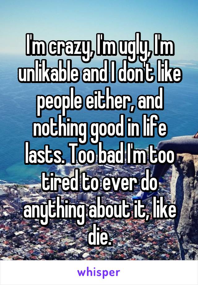 I'm crazy, I'm ugly, I'm unlikable and I don't like people either, and nothing good in life lasts. Too bad I'm too tired to ever do anything about it, like die.