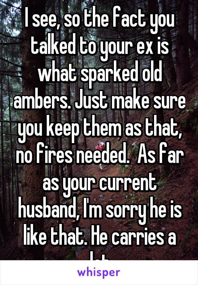 I see, so the fact you talked to your ex is what sparked old ambers. Just make sure you keep them as that, no fires needed.  As far as your current husband, I'm sorry he is like that. He carries a lot