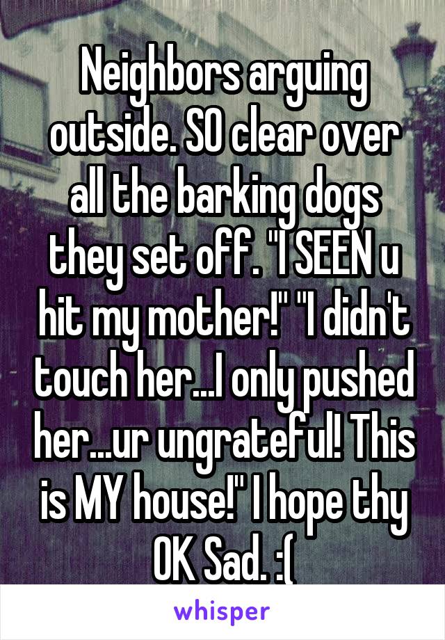 Neighbors arguing outside. SO clear over all the barking dogs they set off. "I SEEN u hit my mother!" "I didn't touch her...I only pushed her...ur ungrateful! This is MY house!" I hope thy OK Sad. :(