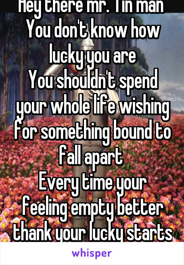  Hey there mr. Tin man 
You don't know how lucky you are
You shouldn't spend your whole life wishing for something bound to fall apart 
Every time your feeling empty better thank your lucky starts 