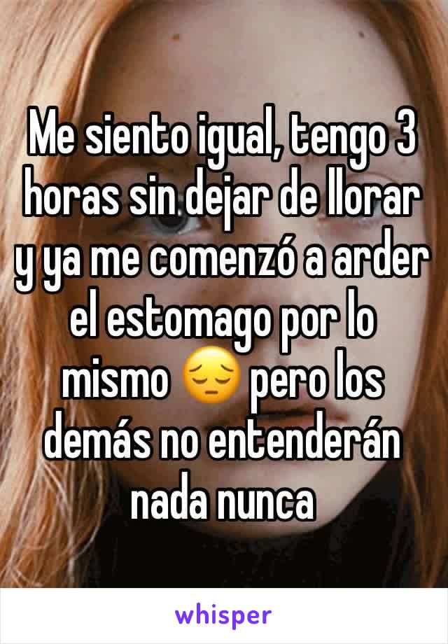 Me siento igual, tengo 3 horas sin dejar de llorar y ya me comenzó a arder el estomago por lo mismo 😔 pero los demás no entenderán nada nunca 