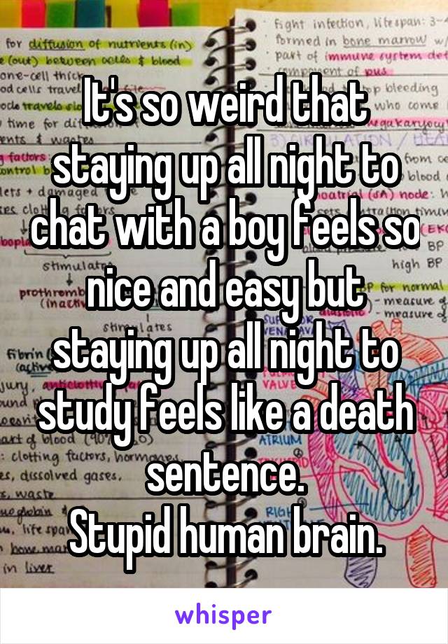 It's so weird that staying up all night to chat with a boy feels so nice and easy but staying up all night to study feels like a death sentence.
Stupid human brain.