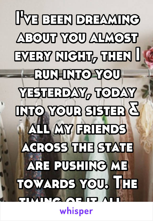 I've been dreaming about you almost every night, then I run into you yesterday, today into your sister & all my friends across the state are pushing me towards you. The timing of it all...