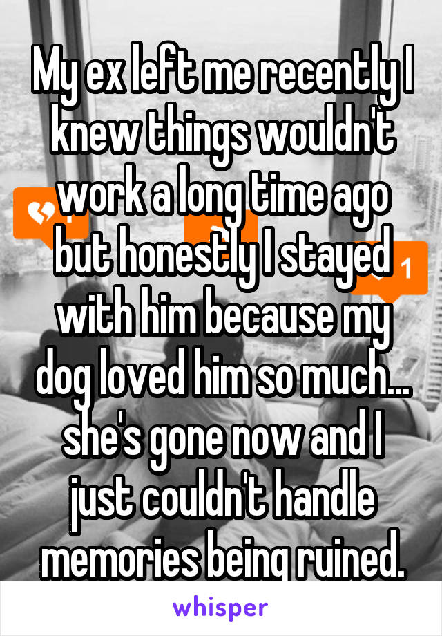 My ex left me recently I knew things wouldn't work a long time ago but honestly I stayed with him because my dog loved him so much... she's gone now and I just couldn't handle memories being ruined.