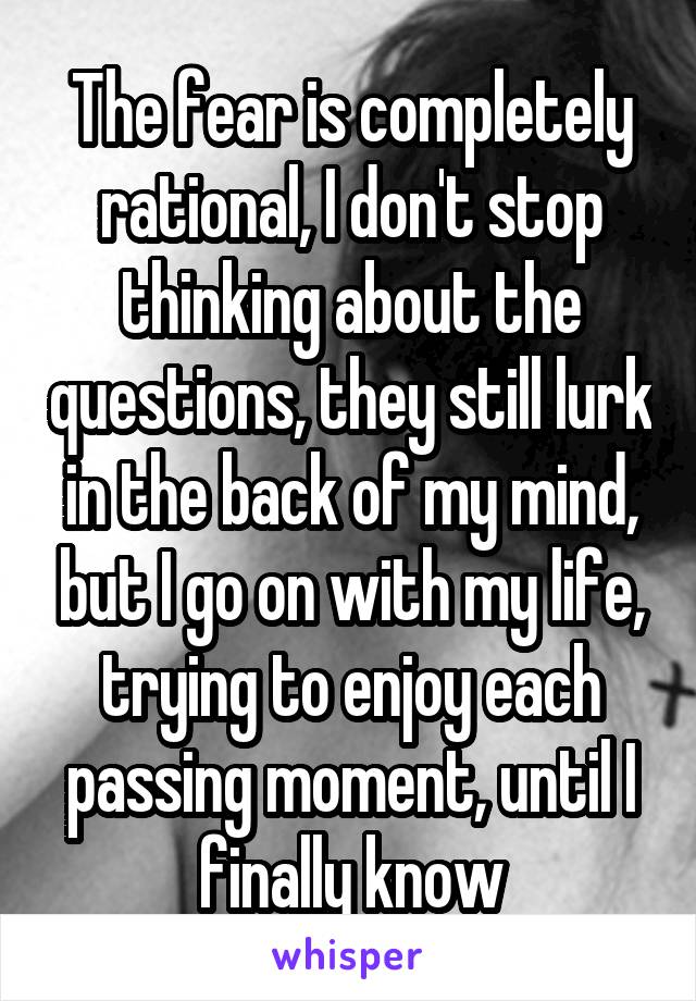 The fear is completely rational, I don't stop thinking about the questions, they still lurk in the back of my mind, but I go on with my life, trying to enjoy each passing moment, until I finally know