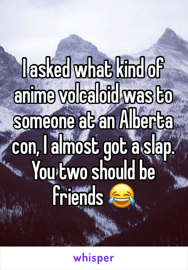 I asked what kind of anime volcaloid was to someone at an Alberta con, I almost got a slap. You two should be friends 😂