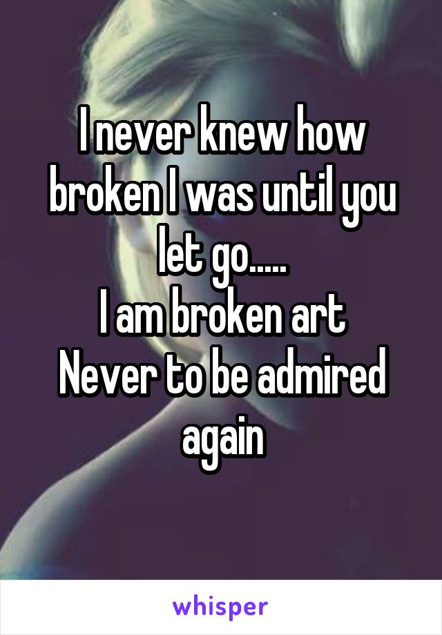 I never knew how broken I was until you let go.....
I am broken art
Never to be admired again
