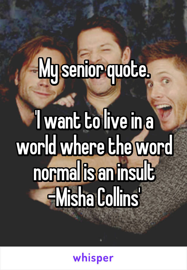 My senior quote.

'I want to live in a world where the word normal is an insult
-Misha Collins'