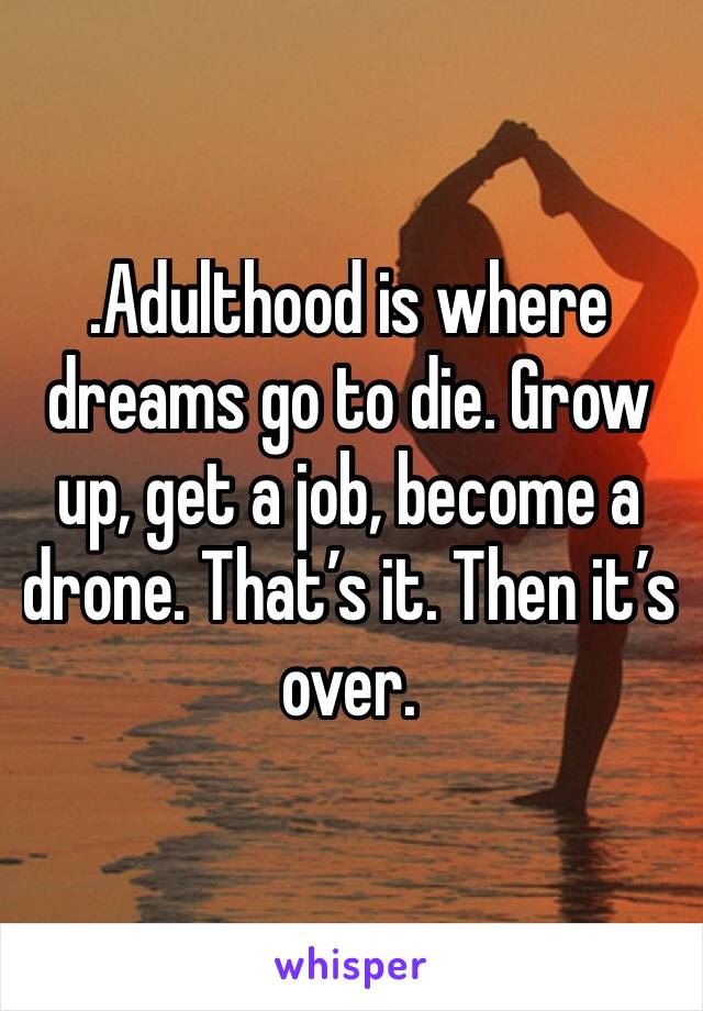 .Adulthood is where dreams go to die. Grow up, get a job, become a drone. That’s it. Then it’s over. 