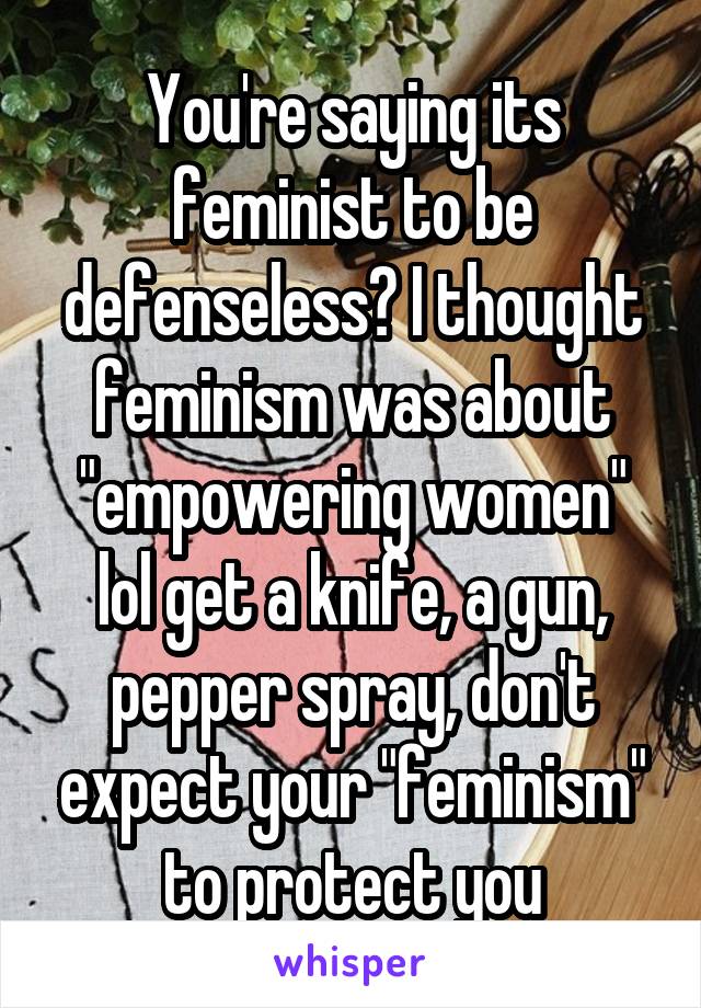 You're saying its feminist to be defenseless? I thought feminism was about "empowering women" lol get a knife, a gun, pepper spray, don't expect your "feminism" to protect you