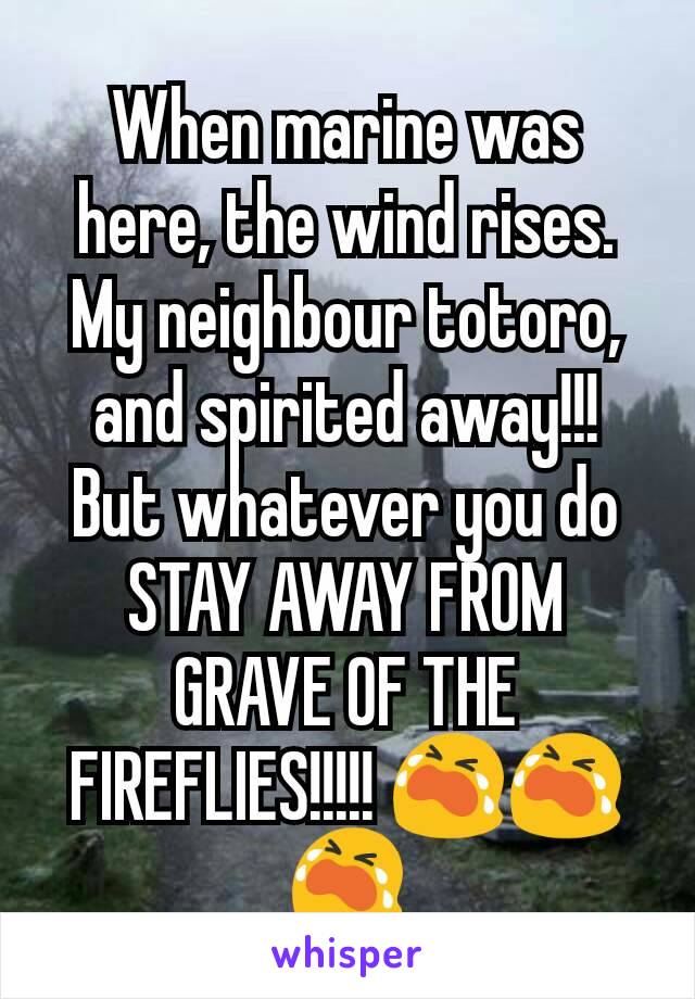 When marine was here, the wind rises. My neighbour totoro, and spirited away!!! But whatever you do STAY AWAY FROM GRAVE OF THE FIREFLIES!!!!! 😭😭😭