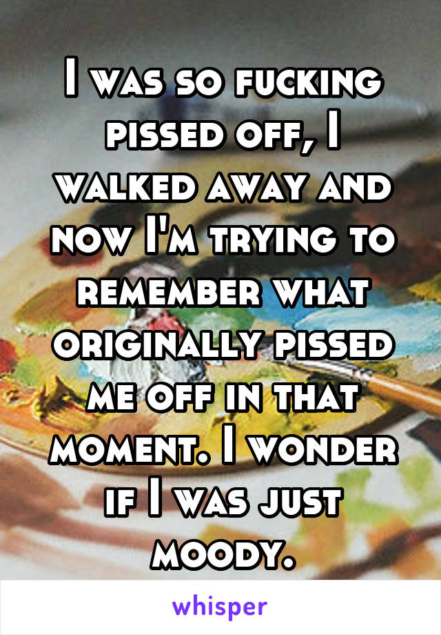 I was so fucking pissed off, I walked away and now I'm trying to remember what originally pissed me off in that moment. I wonder if I was just moody.