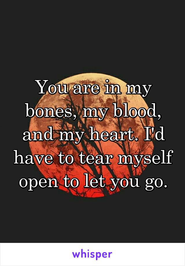 You are in my bones, my blood, and my heart. I'd have to tear myself open to let you go.