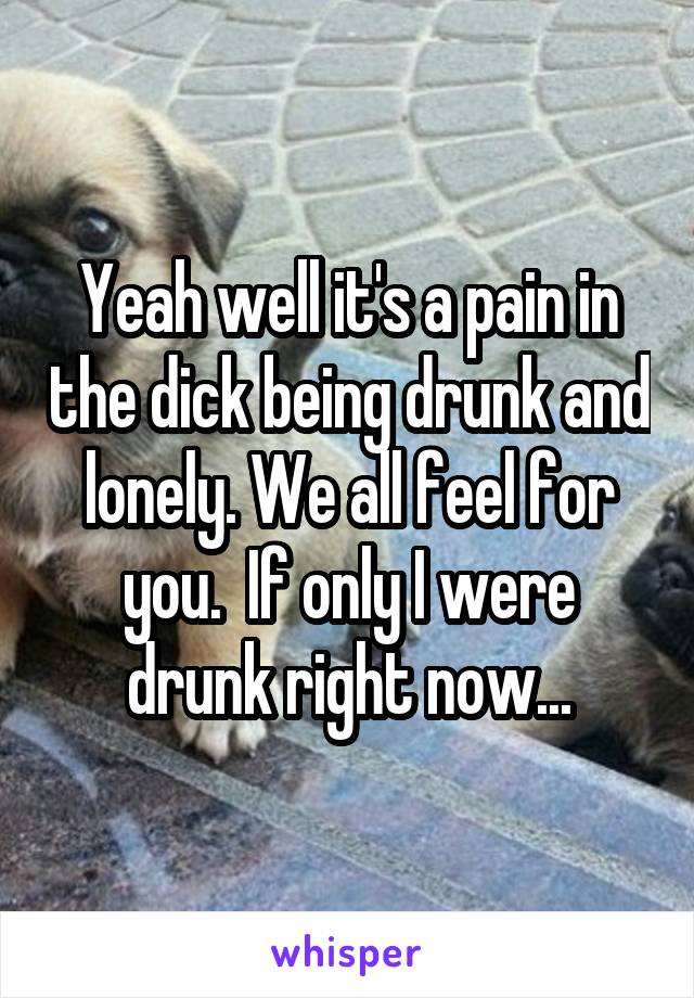 Yeah well it's a pain in the dick being drunk and lonely. We all feel for you.  If only I were drunk right now...