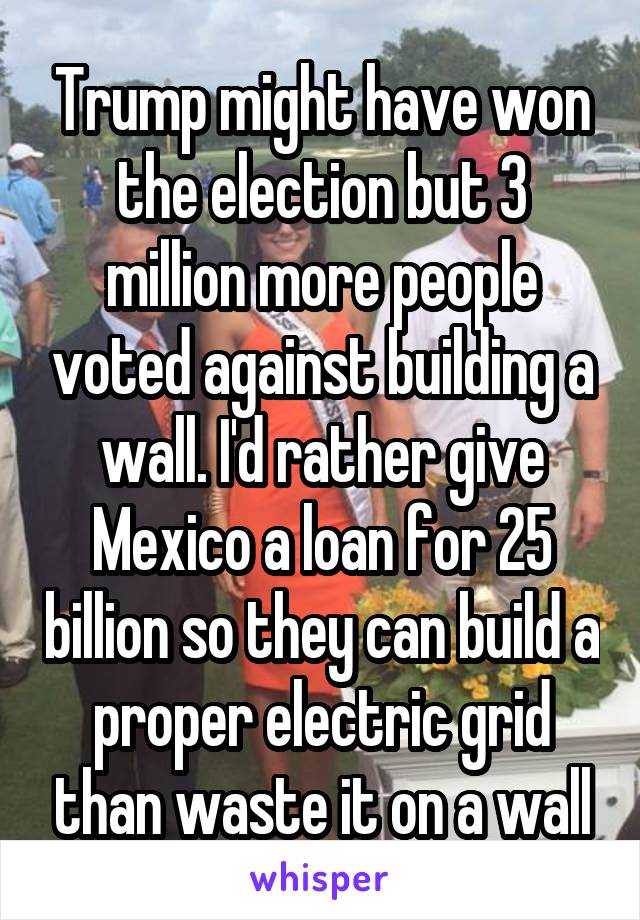 Trump might have won the election but 3 million more people voted against building a wall. I'd rather give Mexico a loan for 25 billion so they can build a proper electric grid than waste it on a wall