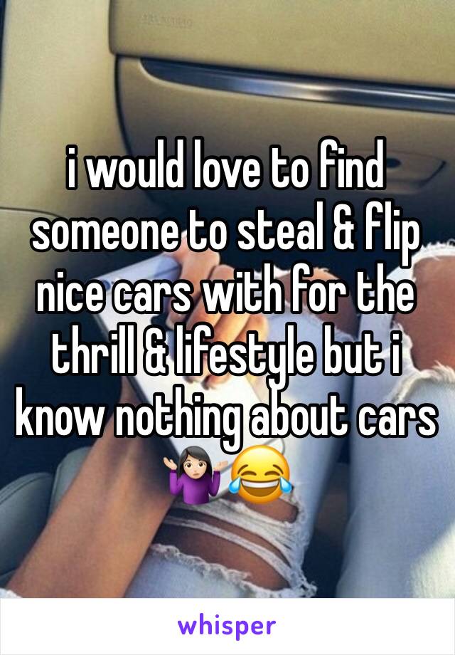 i would love to find someone to steal & flip nice cars with for the thrill & lifestyle but i know nothing about cars 🤷🏻‍♀️😂