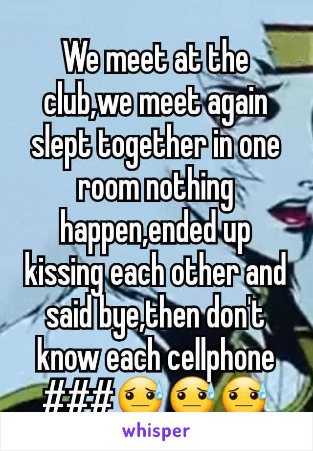 We meet at the club,we meet again slept together in one room nothing happen,ended up kissing each other and said bye,then don't know each cellphone ###😓😓😓