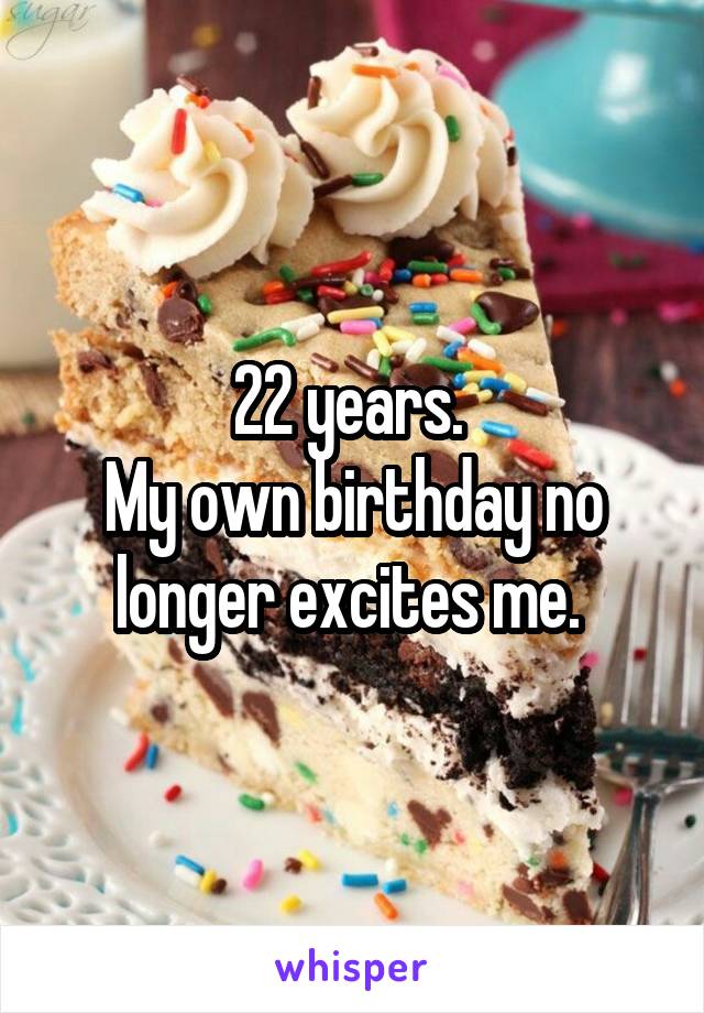 22 years. 
My own birthday no longer excites me. 