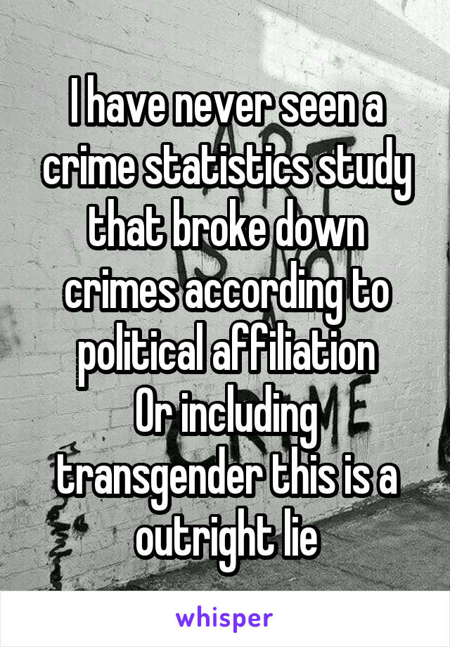 I have never seen a crime statistics study that broke down crimes according to political affiliation
Or including transgender this is a outright lie