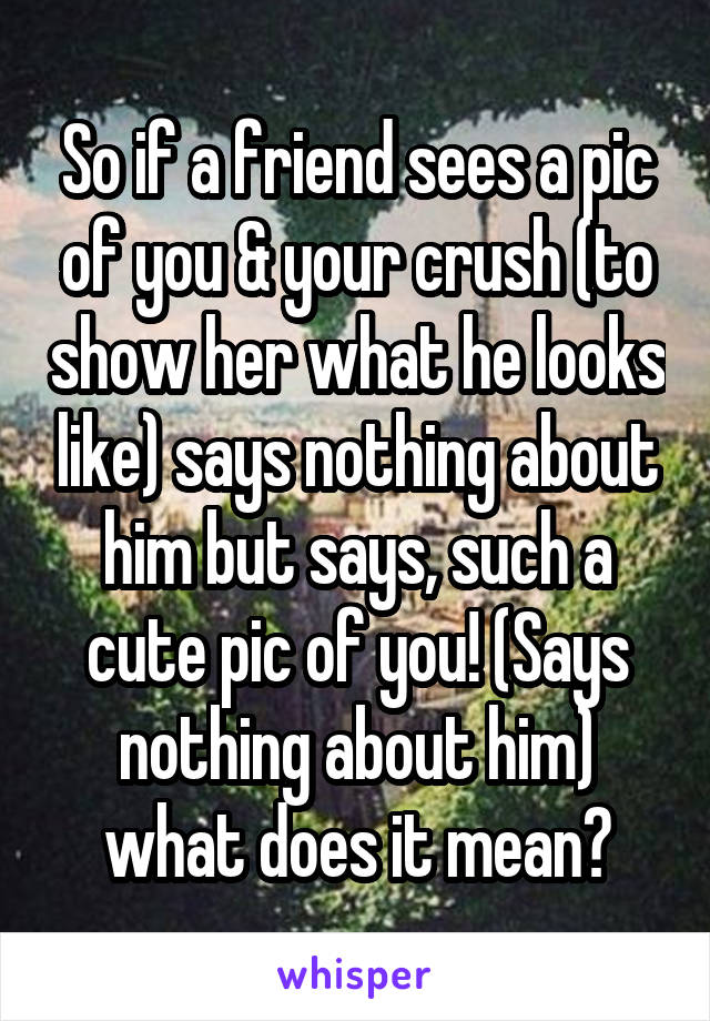 So if a friend sees a pic of you & your crush (to show her what he looks like) says nothing about him but says, such a cute pic of you! (Says nothing about him) what does it mean?