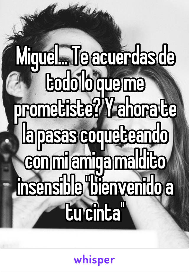 Miguel... Te acuerdas de todo lo que me prometiste? Y ahora te la pasas coqueteando con mi amiga maldito insensible "bienvenido a tu cinta"