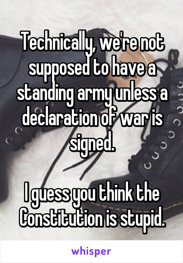 Technically, we're not supposed to have a standing army unless a declaration of war is signed.

I guess you think the Constitution is stupid.