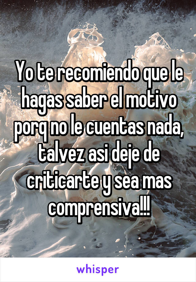 Yo te recomiendo que le hagas saber el motivo porq no le cuentas nada, talvez asi deje de criticarte y sea mas comprensiva!!!