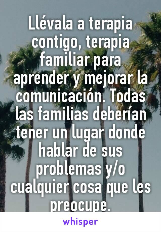 Llévala a terapia contigo, terapia familiar para aprender y mejorar la comunicación. Todas las familias deberían tener un lugar donde hablar de sus problemas y/o cualquier cosa que les preocupe.