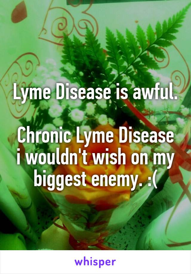 Lyme Disease is awful.

Chronic Lyme Disease i wouldn't wish on my biggest enemy. :(