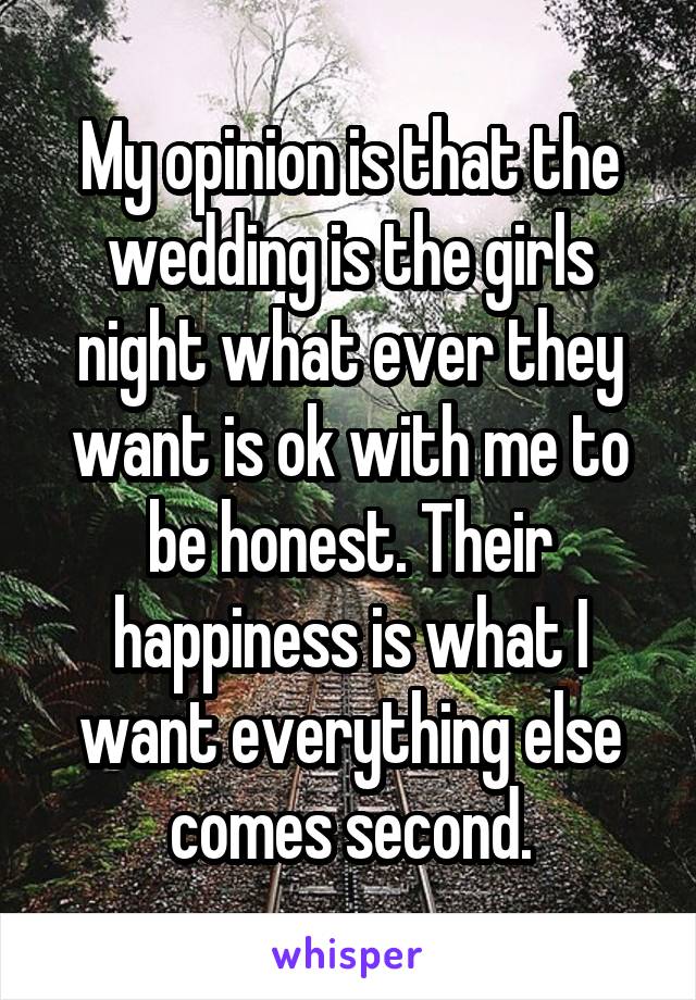 My opinion is that the wedding is the girls night what ever they want is ok with me to be honest. Their happiness is what I want everything else comes second.