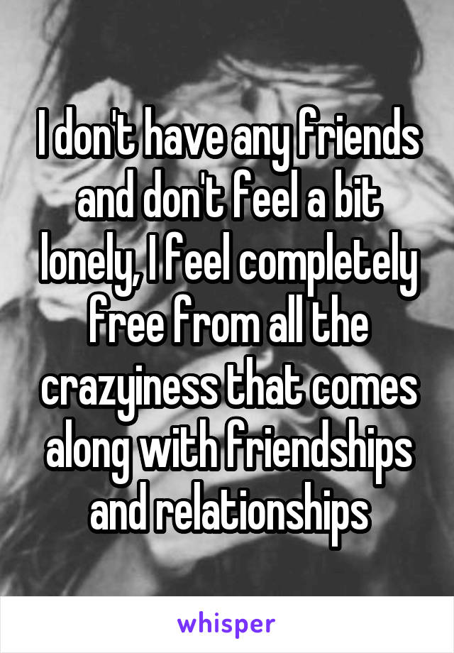 I don't have any friends and don't feel a bit lonely, I feel completely free from all the crazyiness that comes along with friendships and relationships