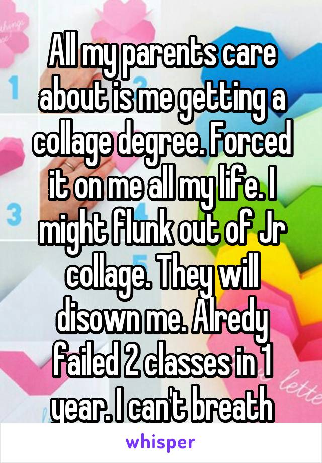 All my parents care about is me getting a collage degree. Forced it on me all my life. I might flunk out of Jr collage. They will disown me. Alredy failed 2 classes in 1 year. I can't breath