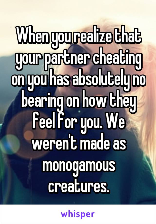 When you realize that your partner cheating on you has absolutely no bearing on how they feel for you. We weren't made as monogamous creatures.