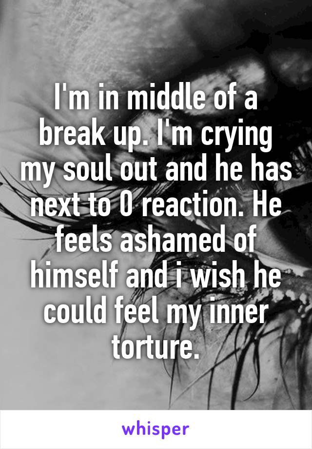 I'm in middle of a break up. I'm crying my soul out and he has next to 0 reaction. He feels ashamed of himself and i wish he could feel my inner torture.