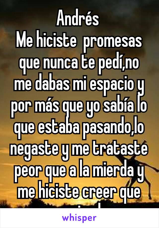 Andrés 
Me hiciste  promesas que nunca te pedí,no me dabas mi espacio y por más que yo sabía lo que estaba pasando,lo negaste y me trataste peor que a la mierda y me hiciste creer que era mi culpa