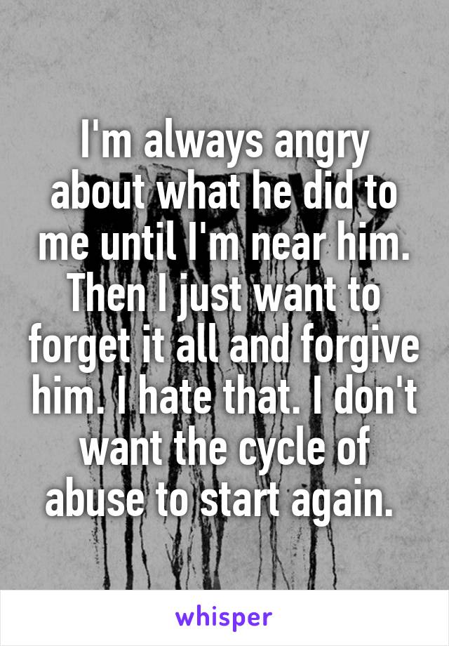 I'm always angry about what he did to me until I'm near him. Then I just want to forget it all and forgive him. I hate that. I don't want the cycle of abuse to start again. 