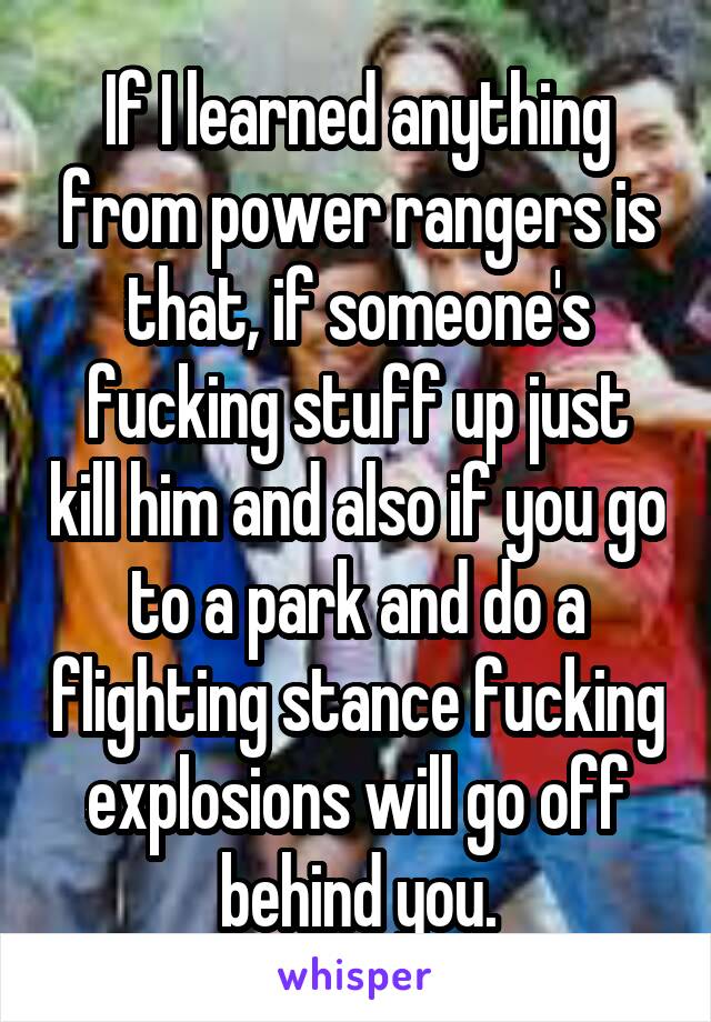 If I learned anything from power rangers is that, if someone's fucking stuff up just kill him and also if you go to a park and do a flighting stance fucking explosions will go off behind you.