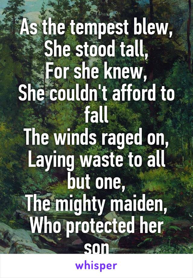 As the tempest blew,
She stood tall,
For she knew,
She couldn't afford to fall
The winds raged on,
Laying waste to all but one,
The mighty maiden,
Who protected her son