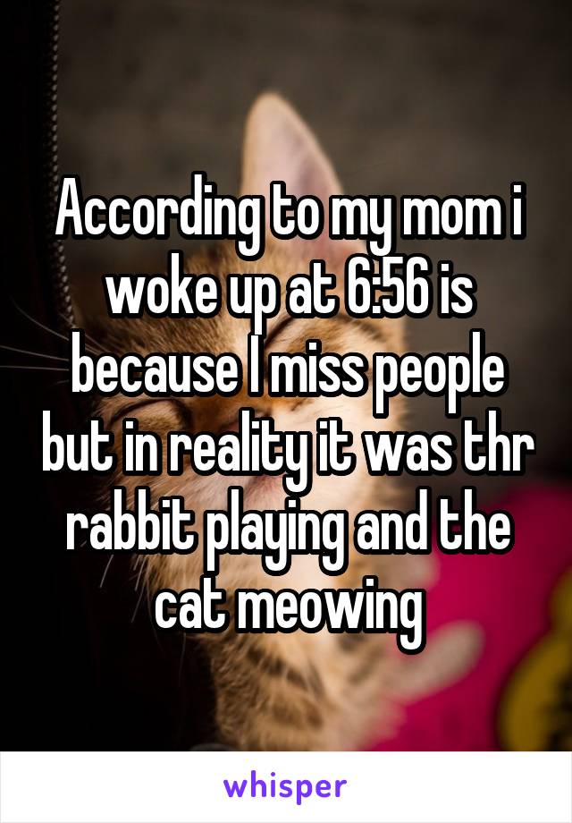 According to my mom i woke up at 6:56 is because I miss people but in reality it was thr rabbit playing and the cat meowing