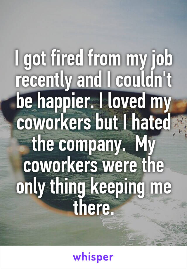 I got fired from my job recently and I couldn't be happier. I loved my coworkers but I hated the company.  My coworkers were the only thing keeping me there.