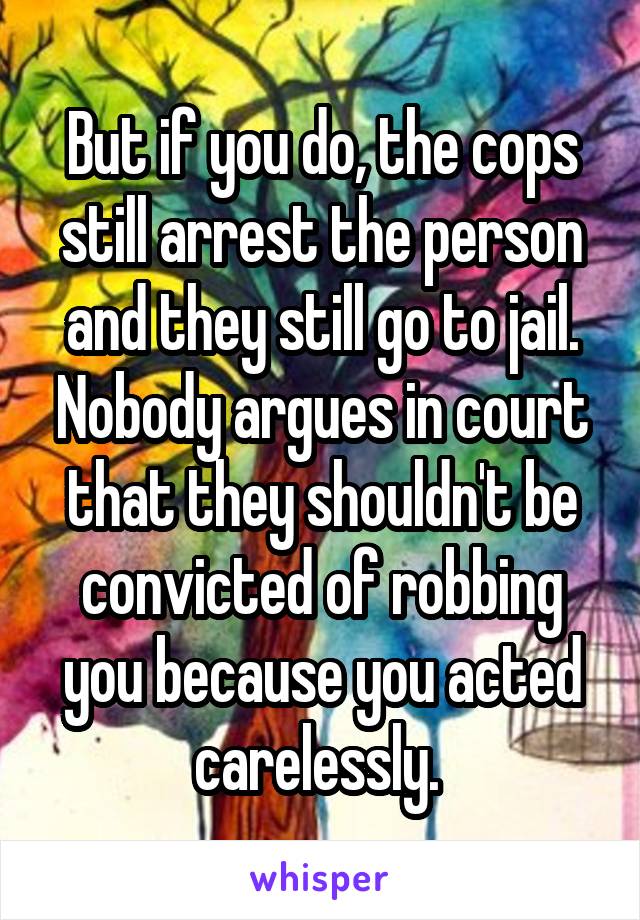 But if you do, the cops still arrest the person and they still go to jail. Nobody argues in court that they shouldn't be convicted of robbing you because you acted carelessly. 