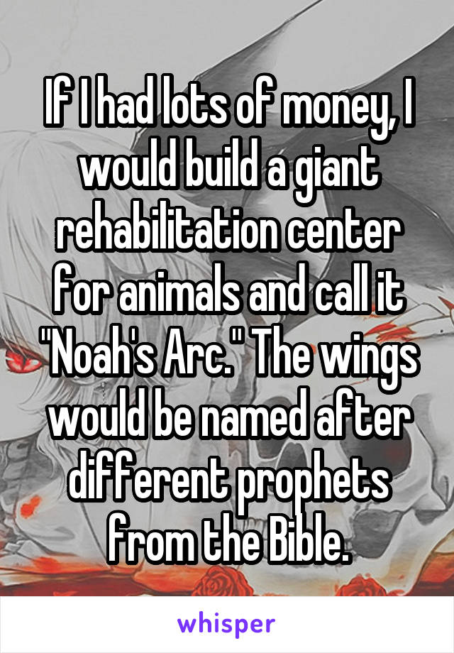 If I had lots of money, I would build a giant rehabilitation center for animals and call it "Noah's Arc." The wings would be named after different prophets from the Bible.